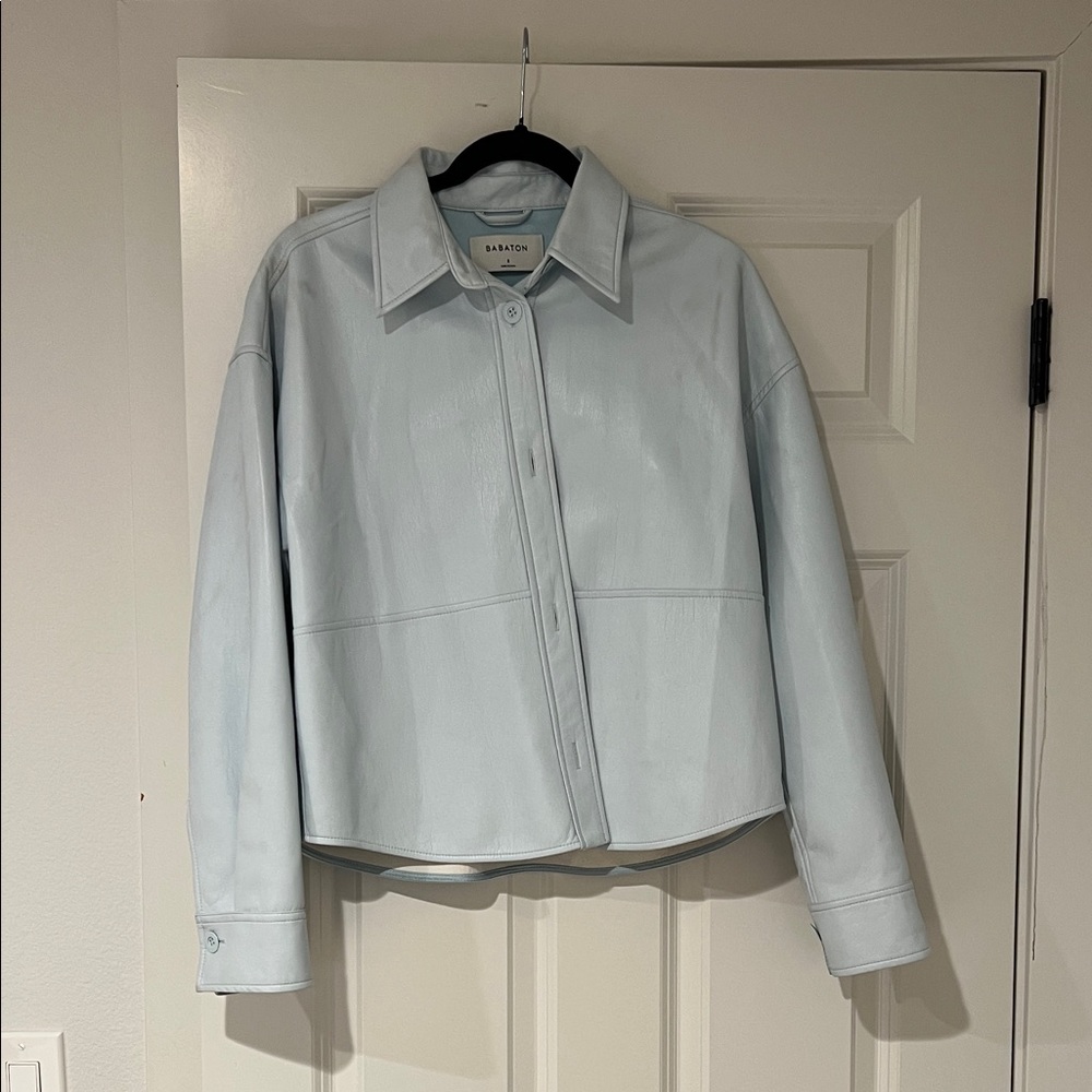 Baby Blue Aritzia Babaton Cropped Faux Leather Jacket